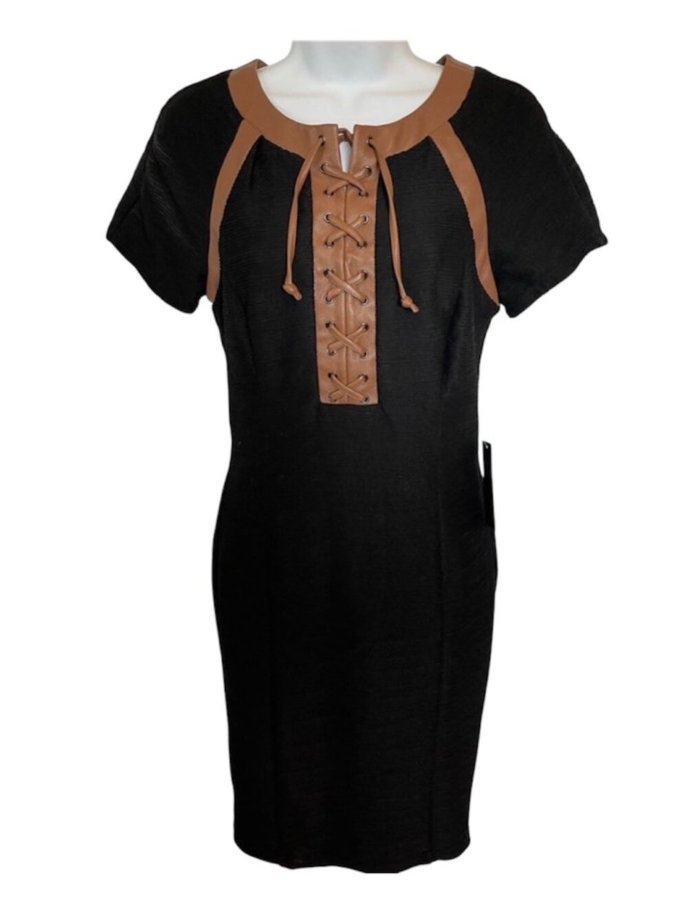 Venus Faux Leather Trim Black Brown Dress Size 4 NWT